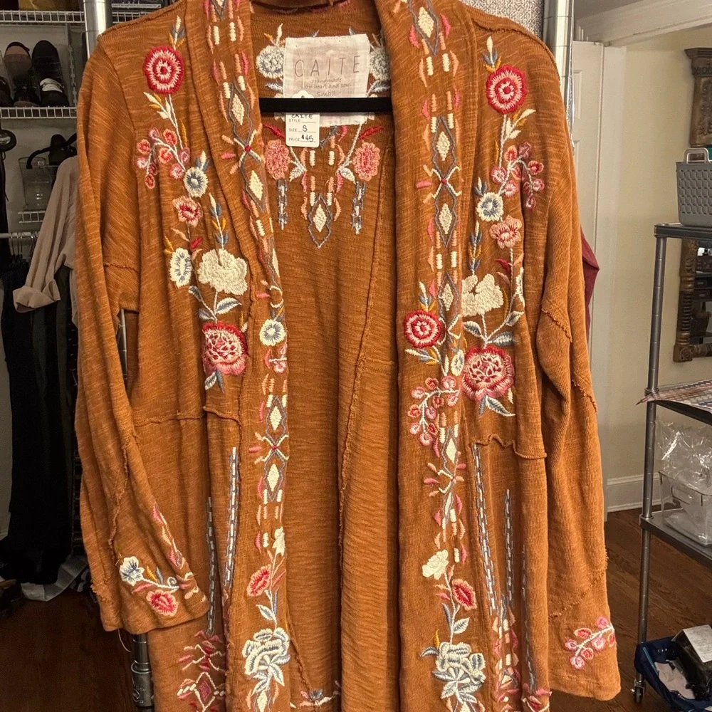 Caite Rust Floral Embroidered Cardigan Size S #31 - Picture 1 of 2
